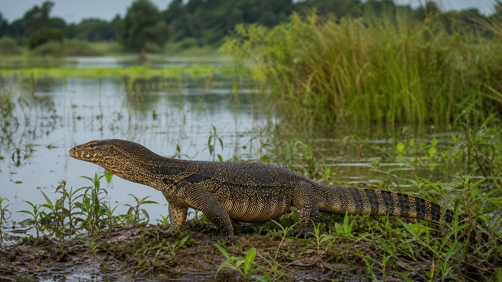 Asian water monitor in a Mekong wetland