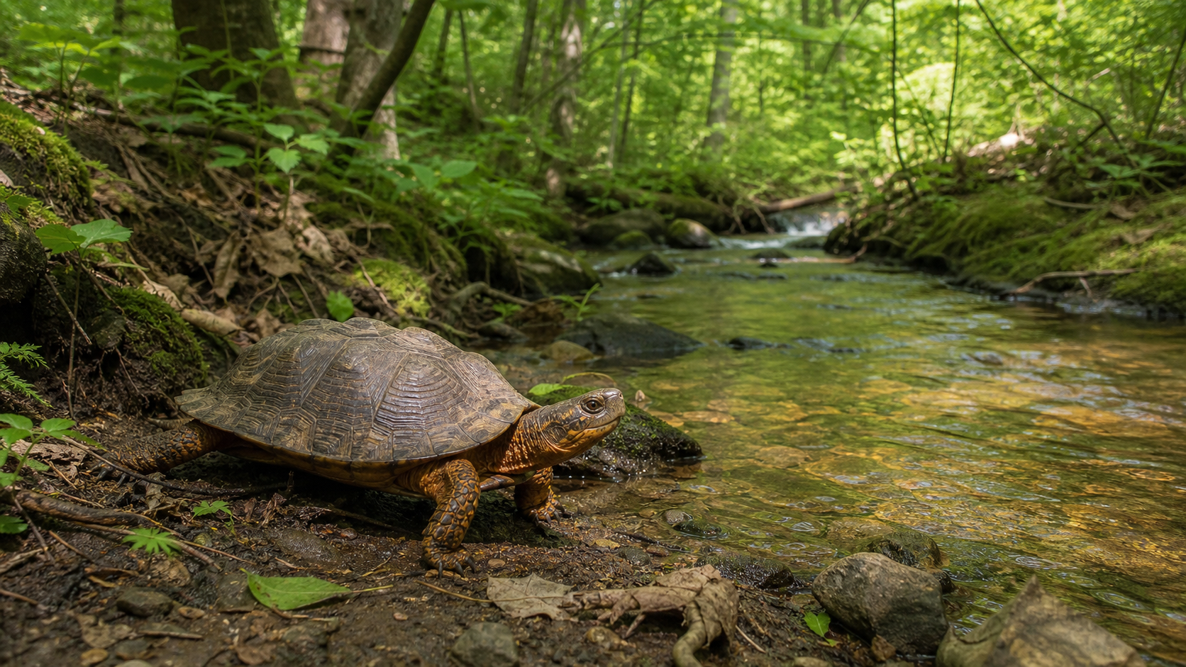 Wood turtle in a forest stream habitat
