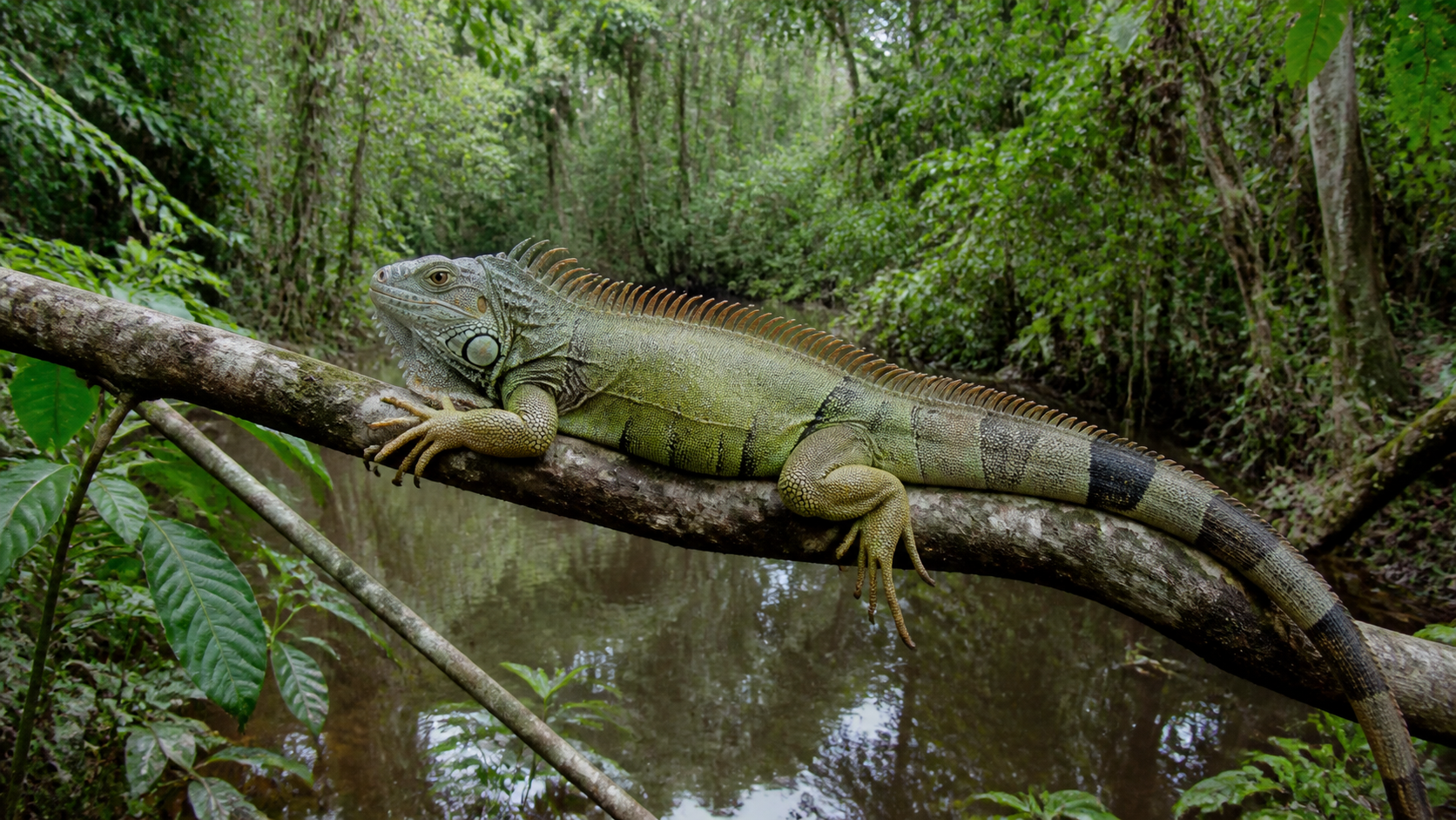 Green iguana above a Peruvian Amazon tributary